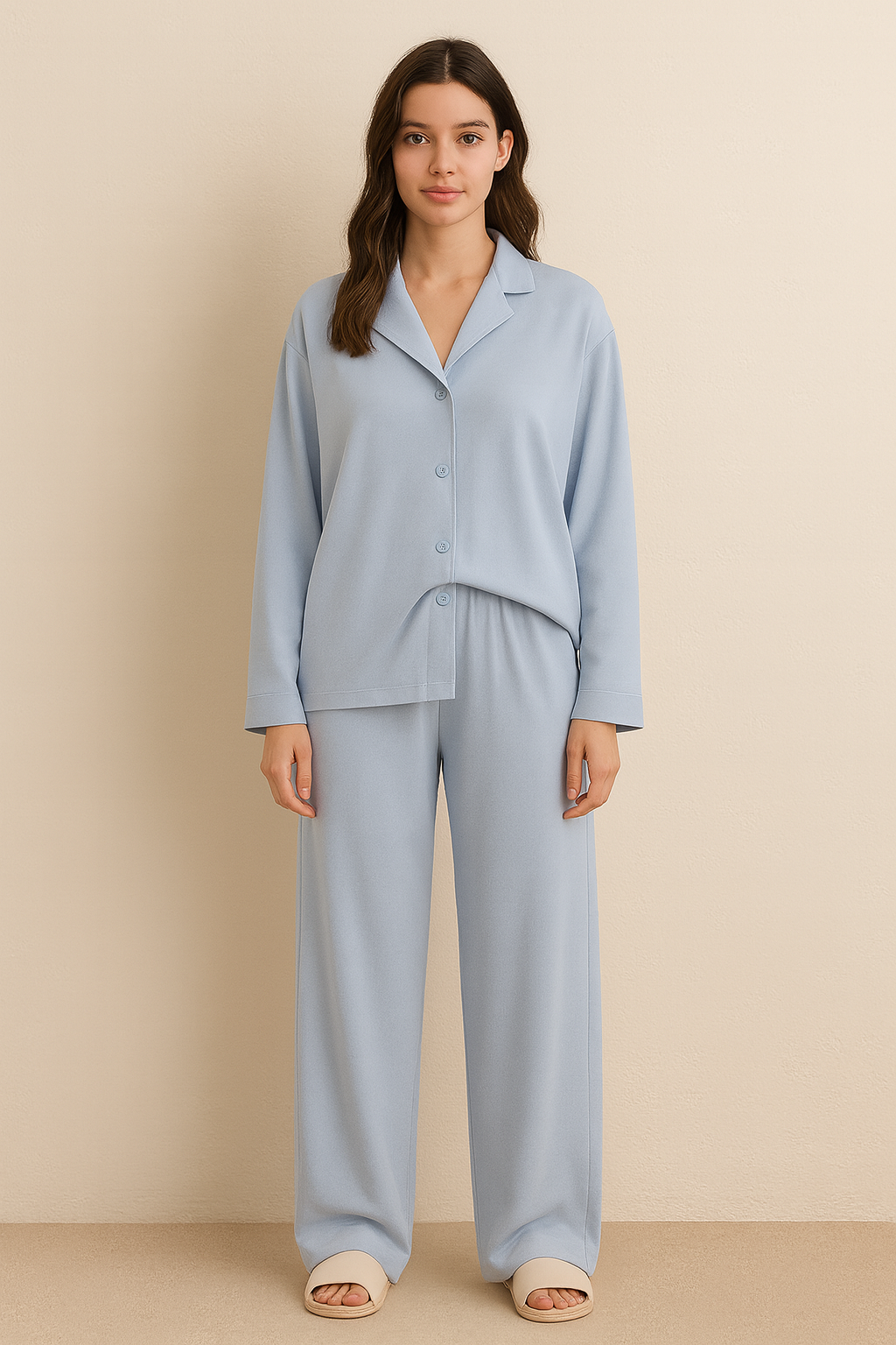 Peach Skin Long Sleeve Pyjama Set Blue