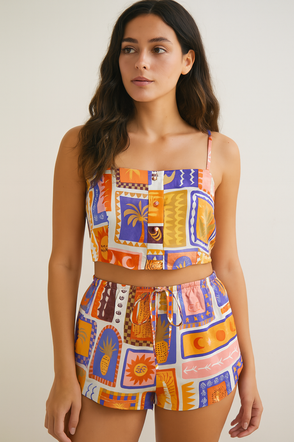 Armany Silk Crop Top & Shorts Pyjama Set Tiger Collage