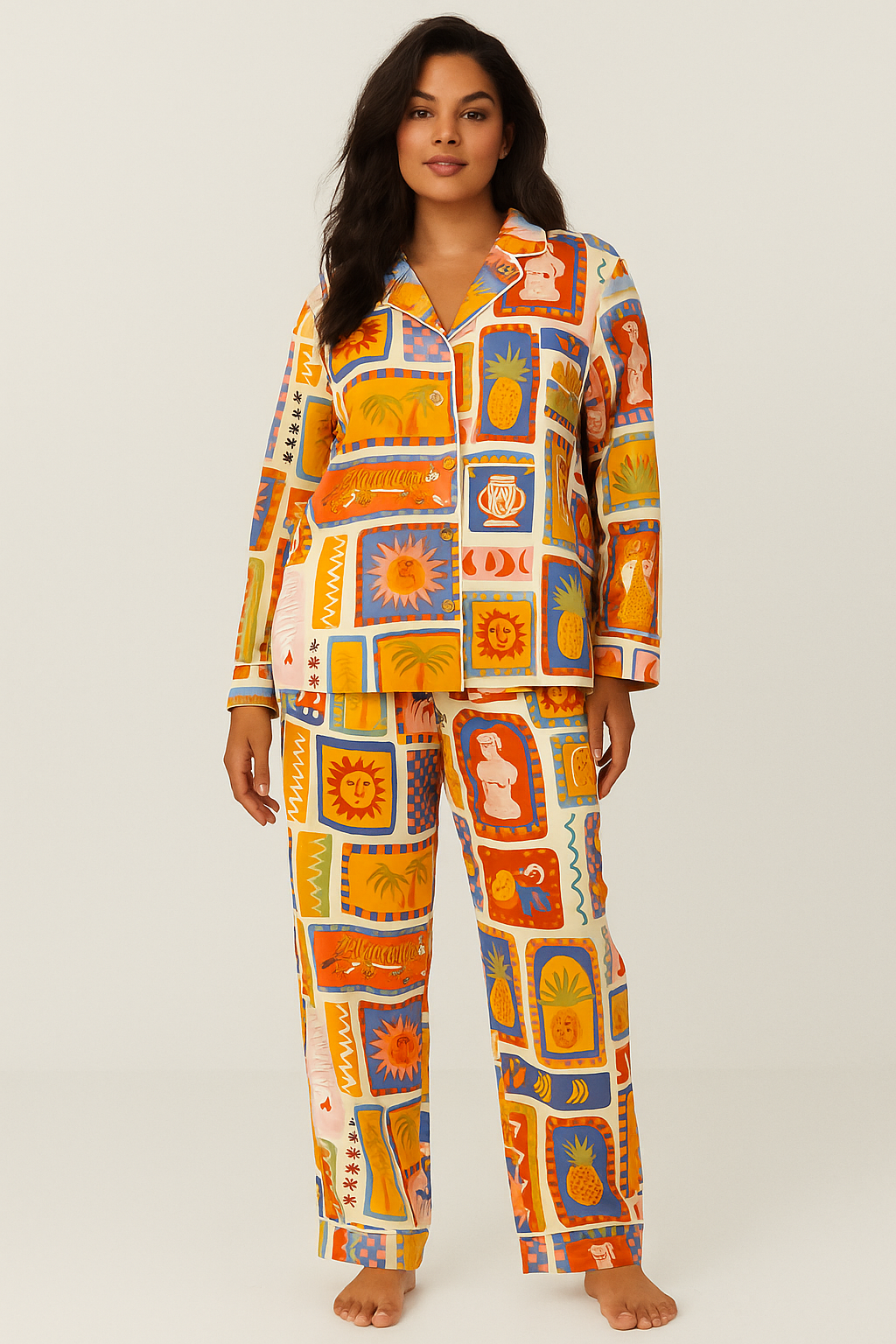 Peach Skin Long Sleeve Pyjama Set Tiger Collage