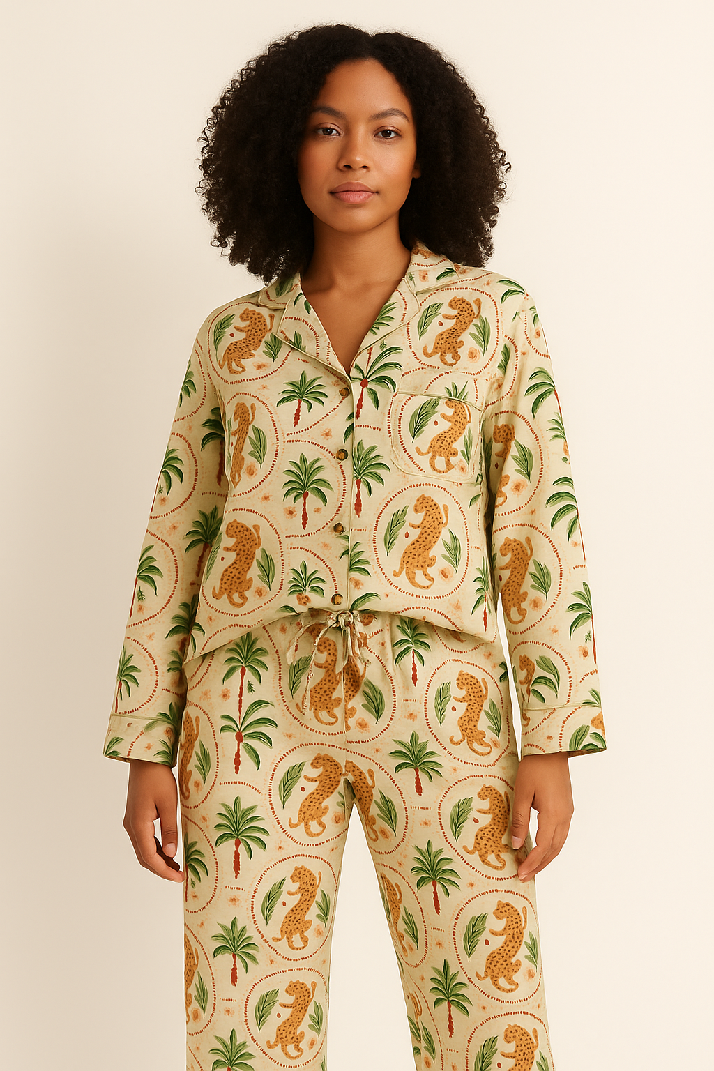 Peach Skin Long Sleeve Pyjama Set Leopard Cream