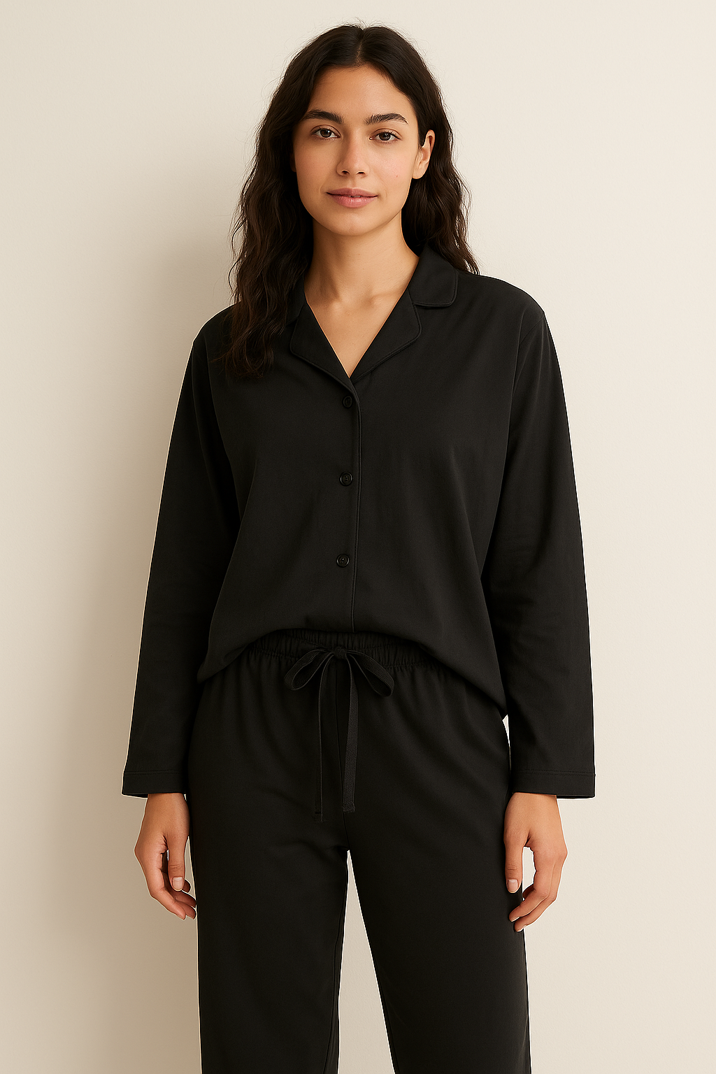 Peach Skin Long Sleeve Pyjama Set Black