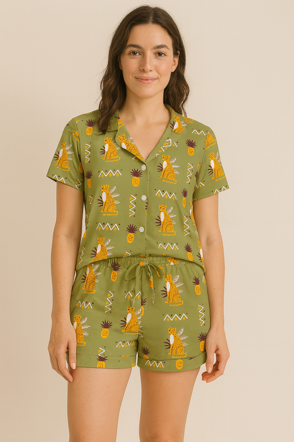 Peach Skin Short Pyjama Set Pineapple Zafari