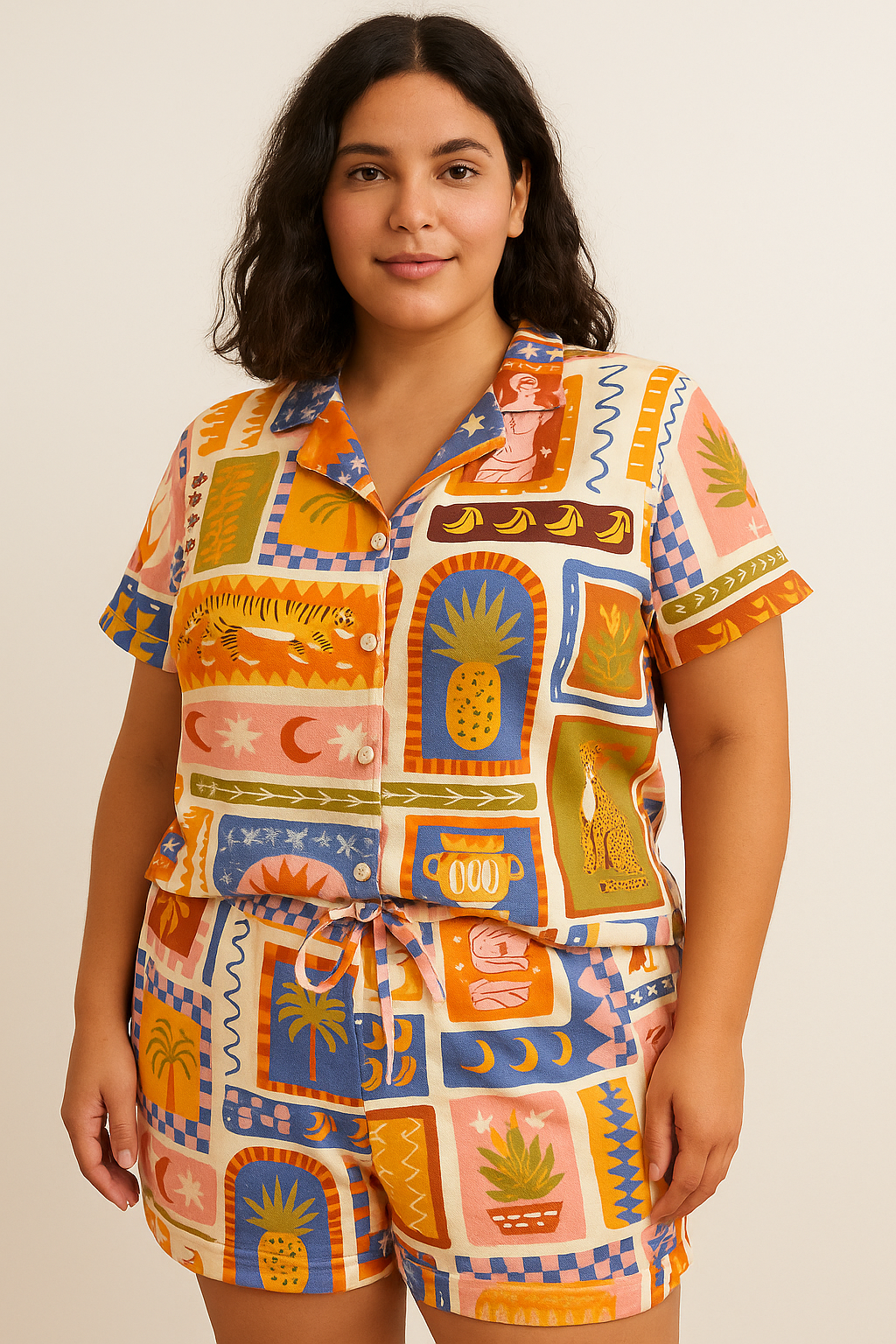 Peach Skin Short Pyjama Set Tiger Collage