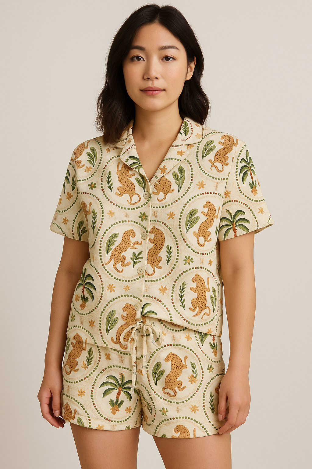 Peach Skin Short Pyjama Set Leopard Cream