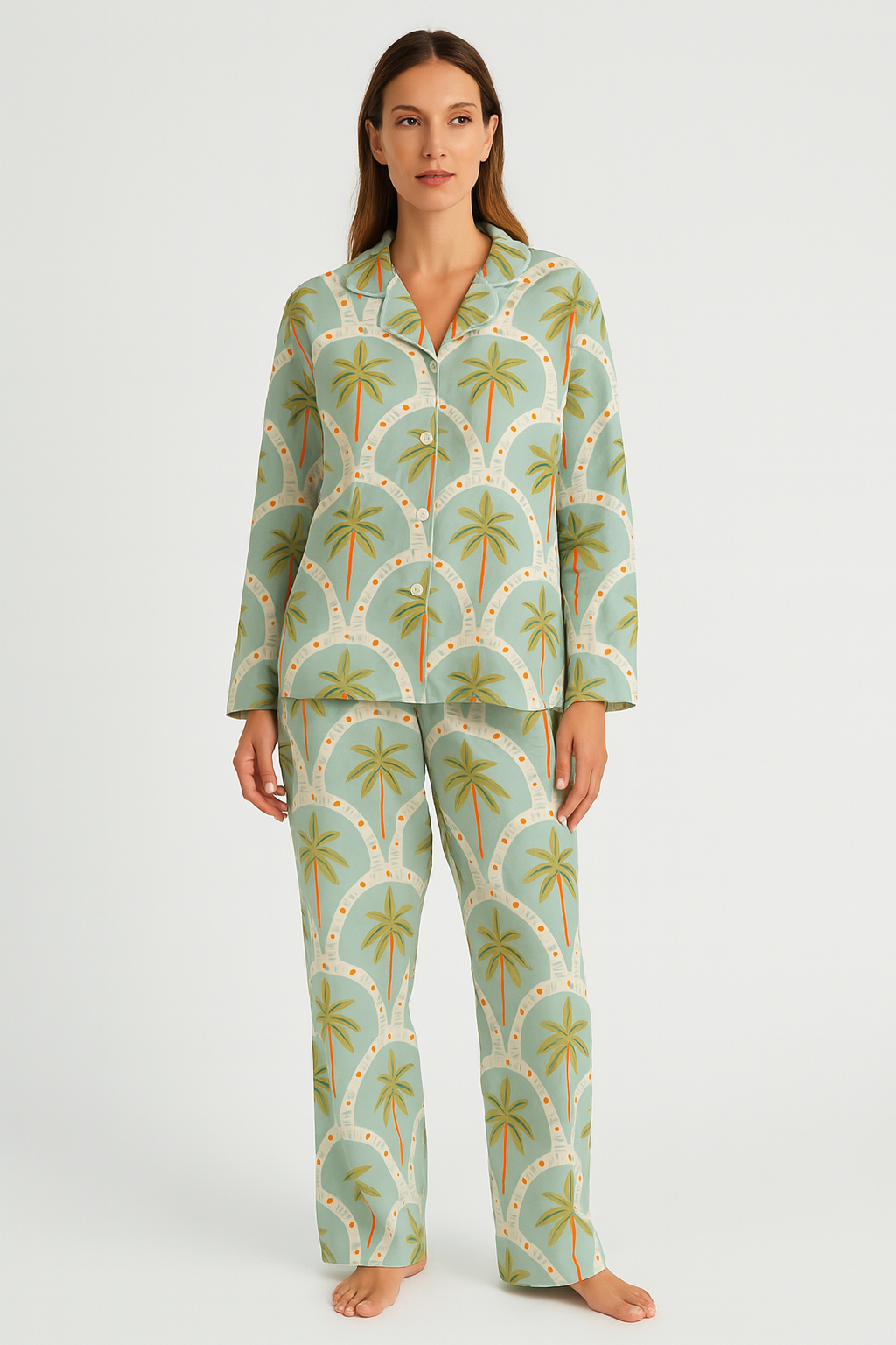 Peach Skin Long Sleeve Pyjama Set Tropical Palmeras