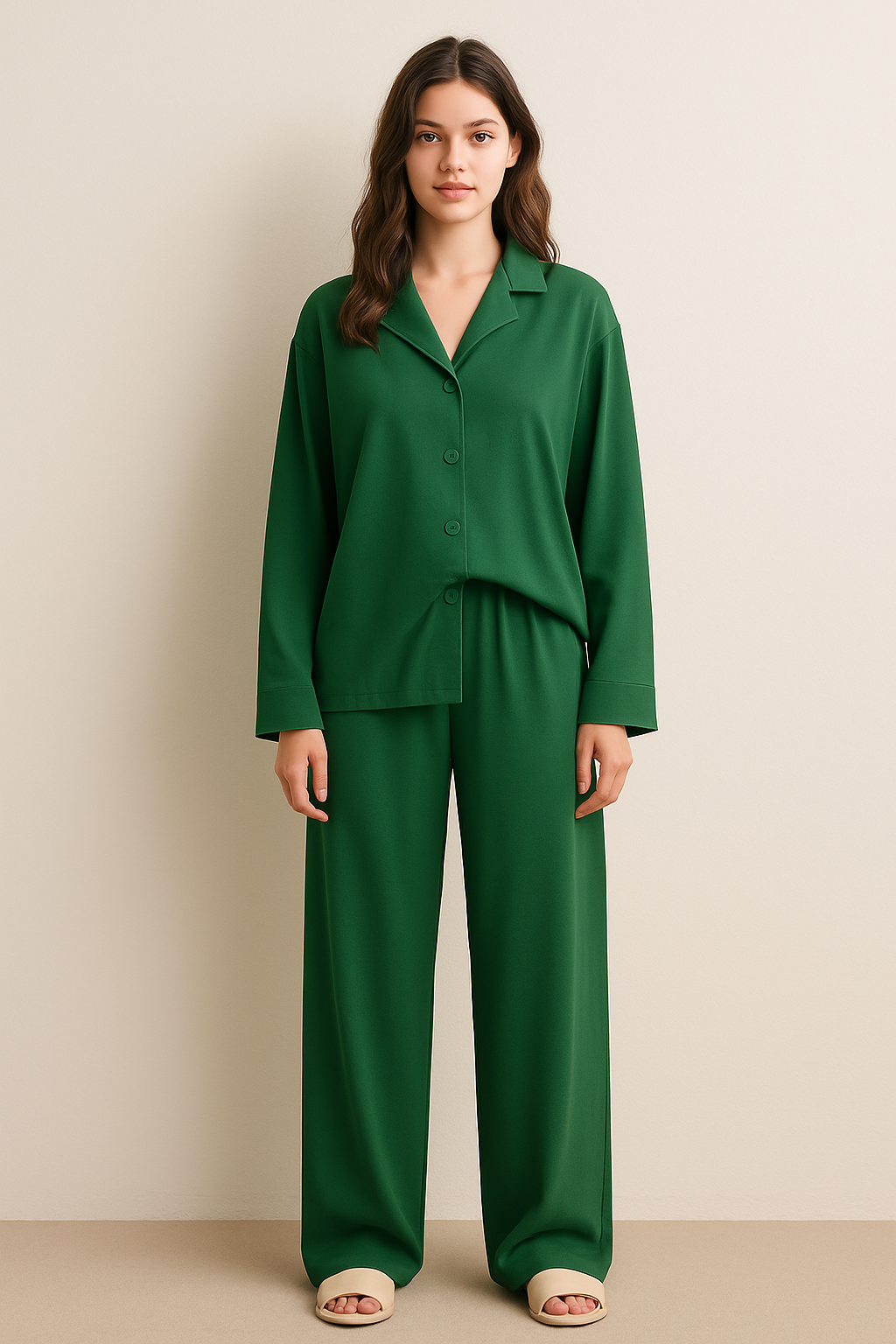 Peach Skin Long Sleeve Pyjama Set Green