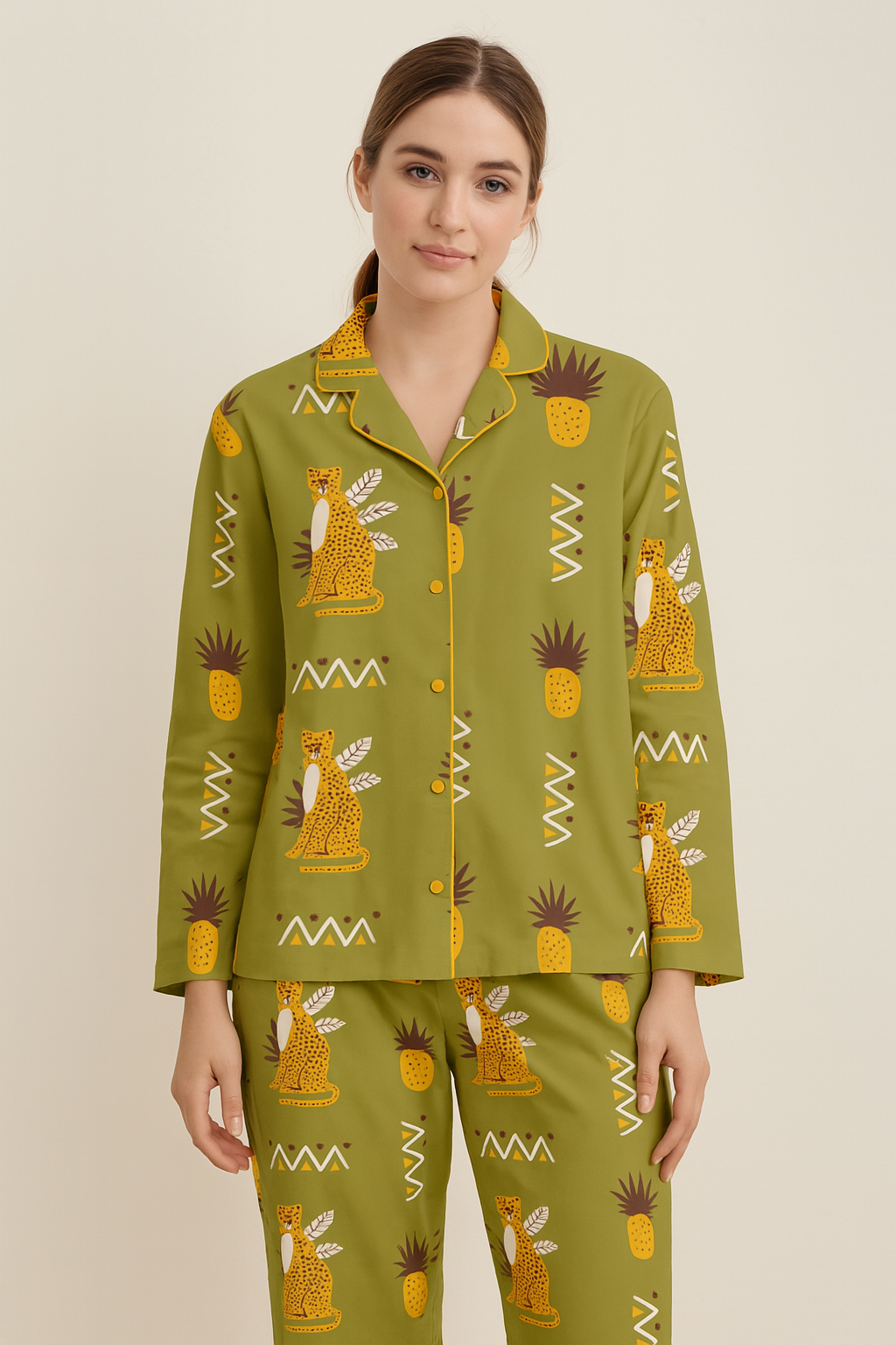 Peach Skin Long Sleeve Pyjama Set Pineapple Zafari