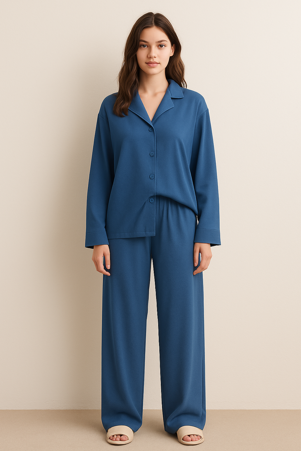 Peach Skin Long Sleeve Pyjama Set Blue