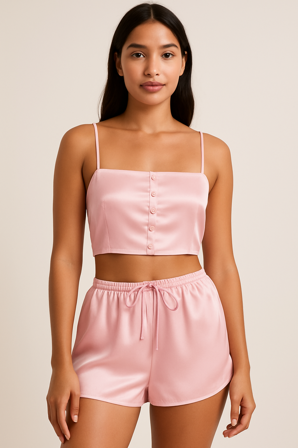 Armany Silk Crop Top & Shorts Pyjama Set Pink