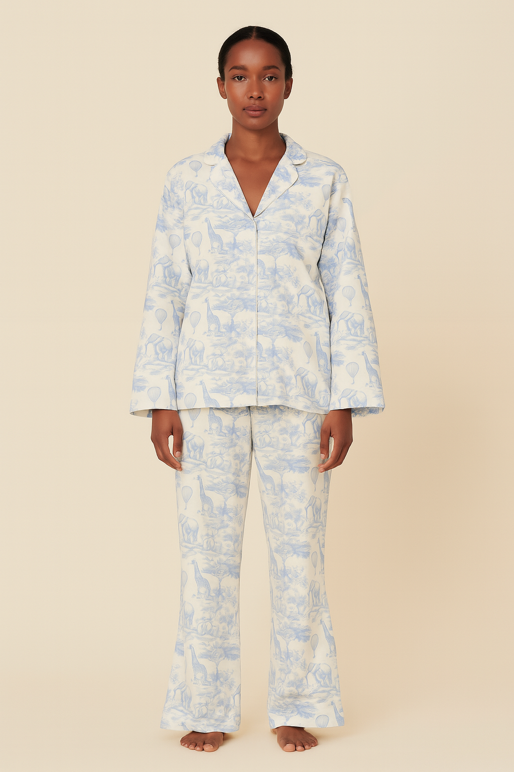 Peach Skin Long Sleeve Pyjama Set Zafari Blue