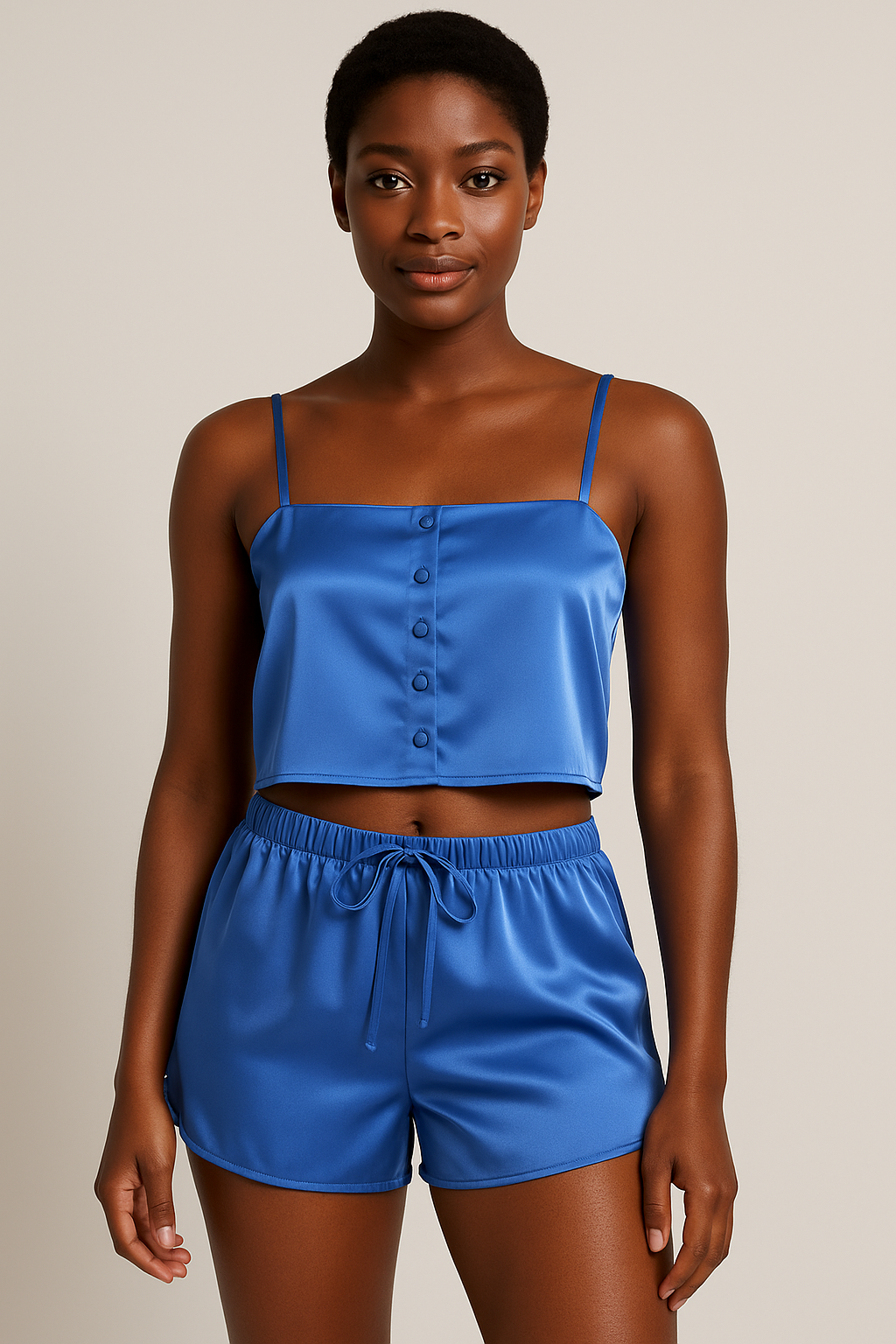 Armany Silk Crop Top & Shorts Pyjama Set Blue