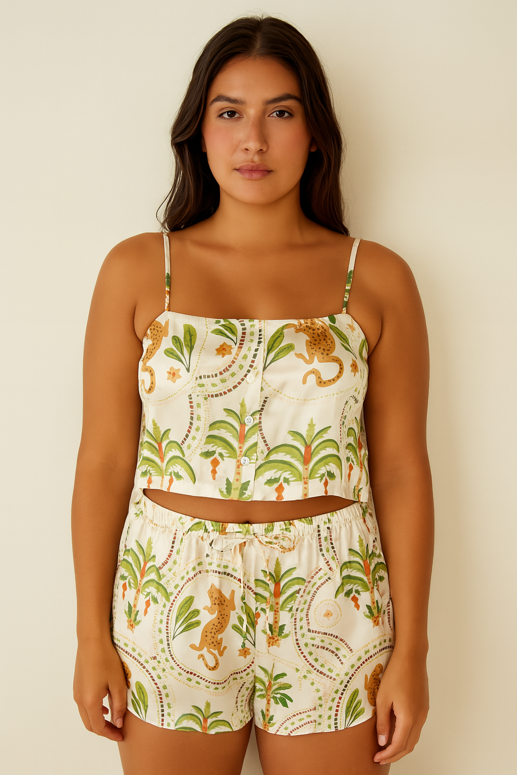 Armany Silk Crop Top & Shorts Pyjama Set Leopard Cream