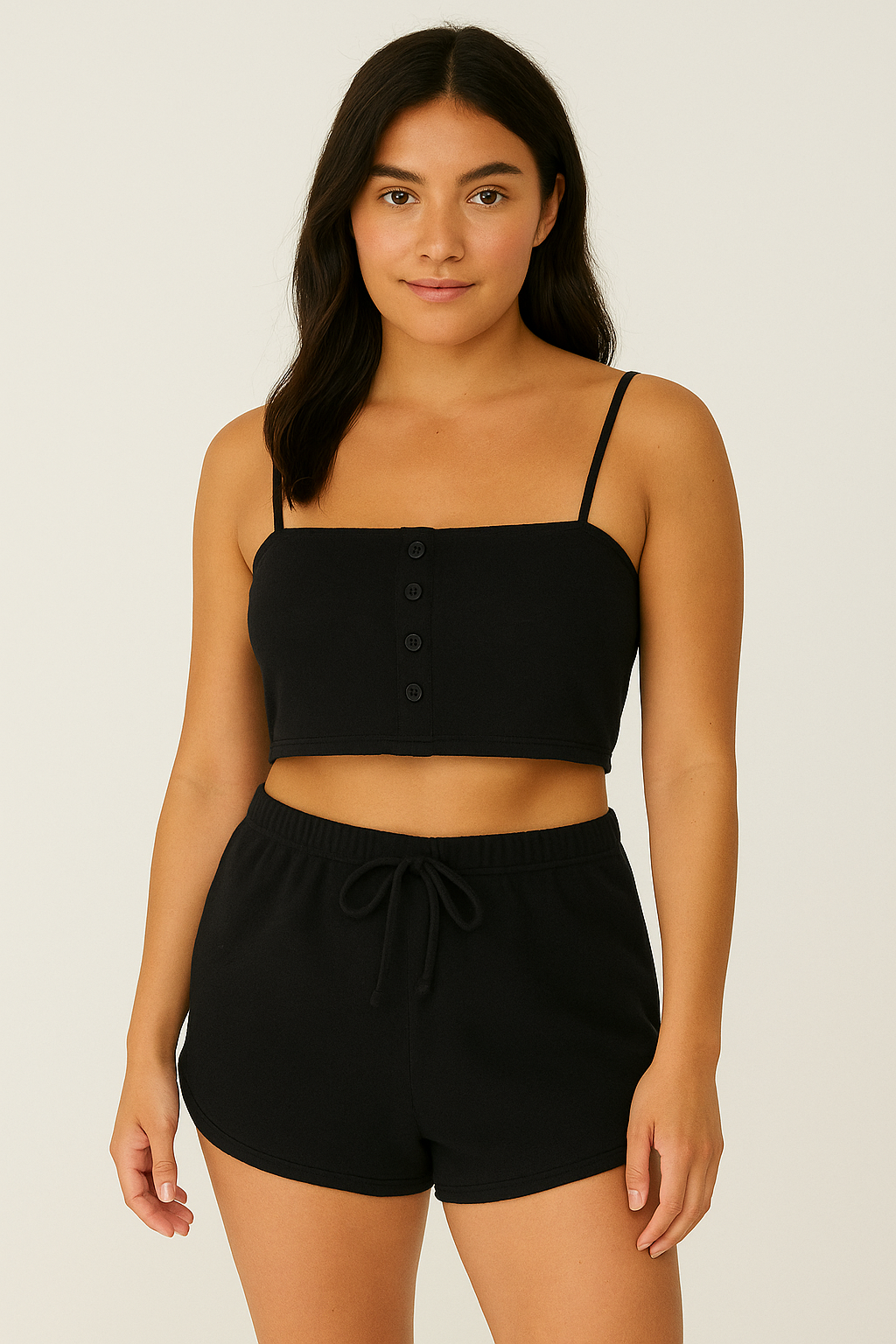 Peach Skin Crop Top & Shorts Pyjama Set Black