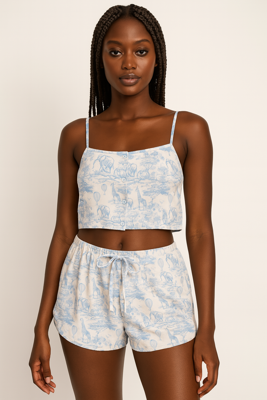 Peach Skin Crop Top & Shorts Pyjama Set Zafari Blue
