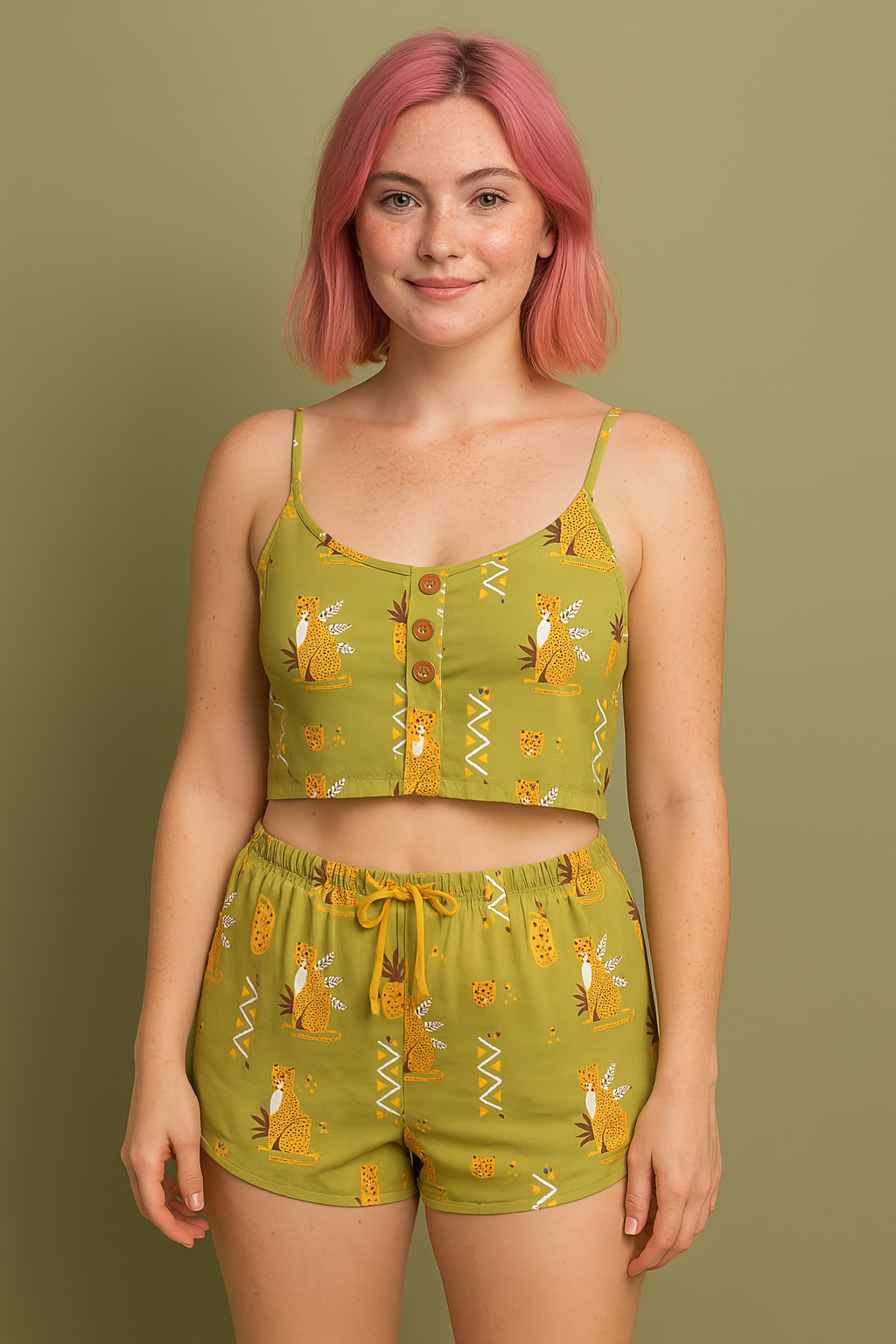 Peach Skin Crop Top & Shorts Pyjama Set Pineapple Zafari