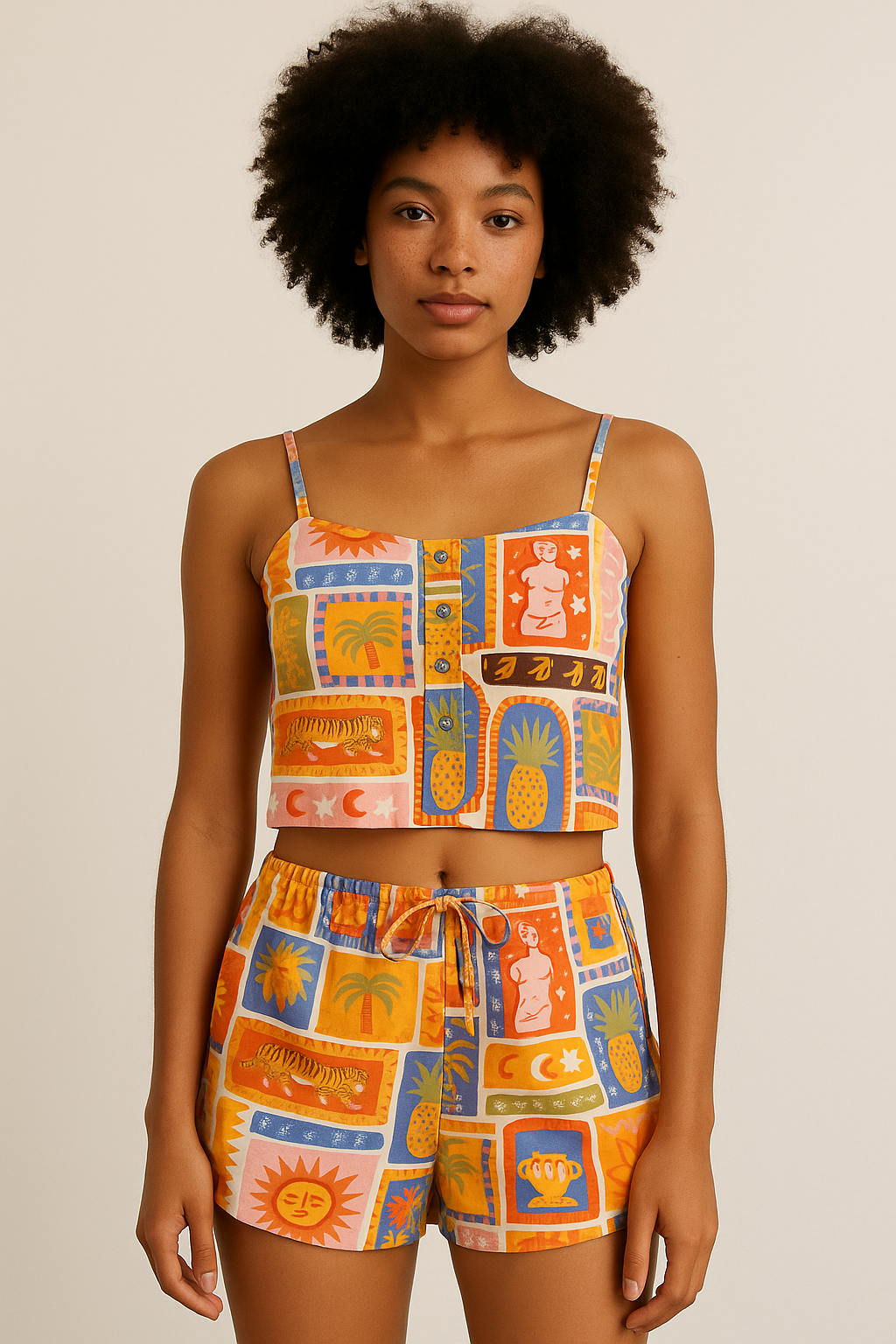Peach Skin Crop Top & Shorts Pyjama Set Tiger Collage