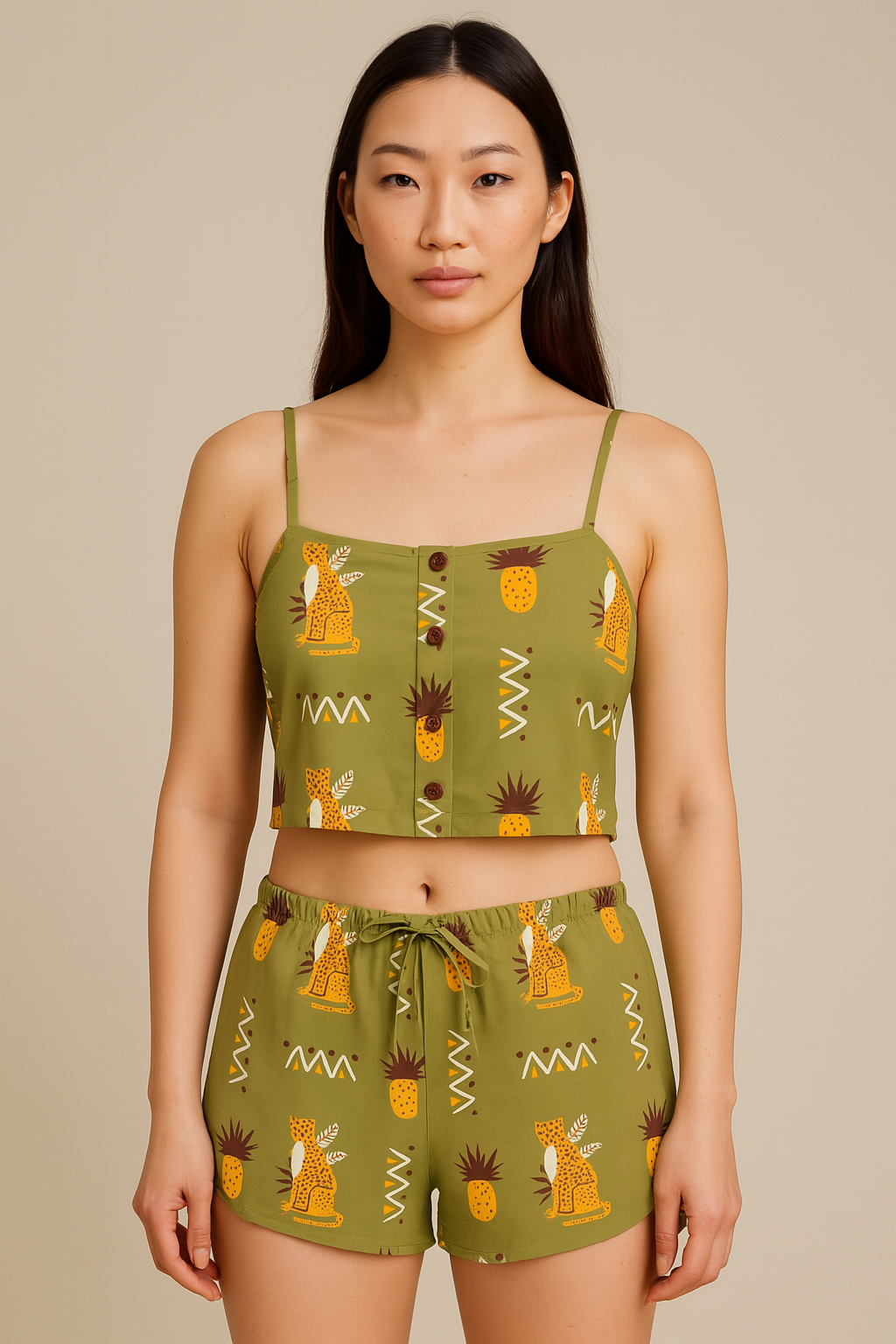Peach Skin Crop Top & Shorts Pyjama Set Pineapple Zafari